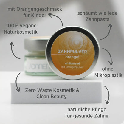 Auf dem Bild sieht man das schäumende Zahnpulver mit Orangengeschmack von Sonnengrün in einem Glastiegel mit Metalldeckel auf kleinen schwarzen Schieferplatten vor grauem Hintergrund platziert. Rund um das Bild sind in weißer Schrift die Vorteile des Zahnpulvers aufgezählt.