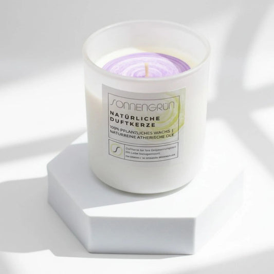 Duftkerze "balance!" | Lavendel und Lemongrass - weißes Glas - Sonnengrün | Rapswachskerze