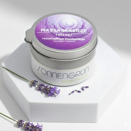 Massagekerze "relaxe!" | Lavendelduft - Sonnengrün | Naturkosmetik
